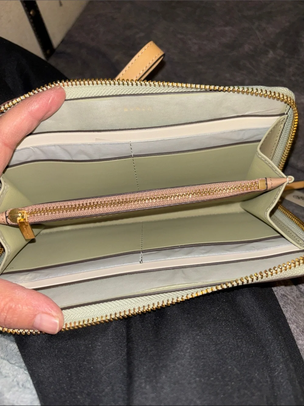 Tory Burch Mint Green Pebbled Leather Wristlet with Tan Strap